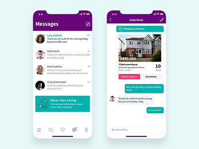 Messages booking chat confirmation event iphone x list messages notification nudds property real estate