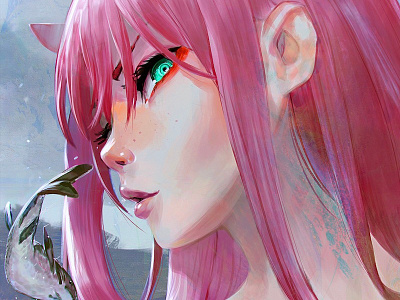 Zero Two + Fish darling in the franxx digital painting fanart fish portrait study zerotwo