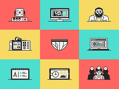 Icons calendar computer lady laptop line art man microphone pants timer underwear voice recorder
