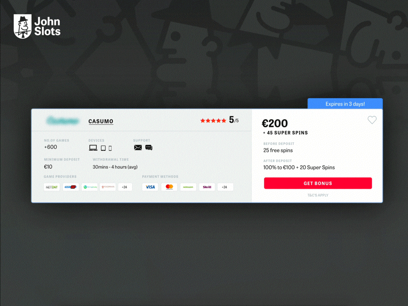 Bonus Card for John Slots bonus casino micro interactions responsive ui ux web