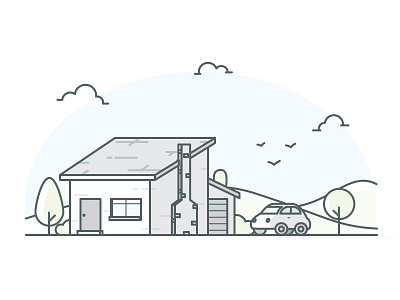 Home on the hill car chimney country countryside garage hills home house illustration trees ui