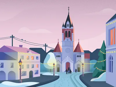 The great beauty of small towns. 2d art calendar christmas december illustration landscape uniqa vector winter