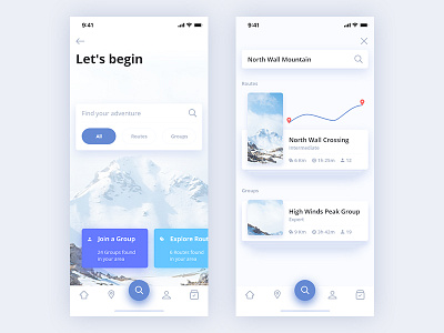 Mountain Party adobe xd app connect find group hiking list mountain nature results route search