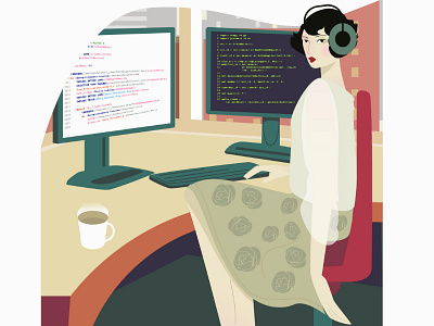 Programmer building chair coffee computer desk dress girl lady vogue window