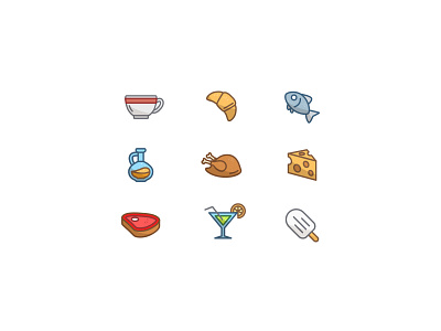 Food icon set cheese cocktail cup fish food ice cream icon meat set