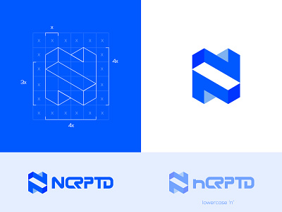 Logo Encrypted Digital security blue brand digital encrypted grid icon isometric logo mark n security