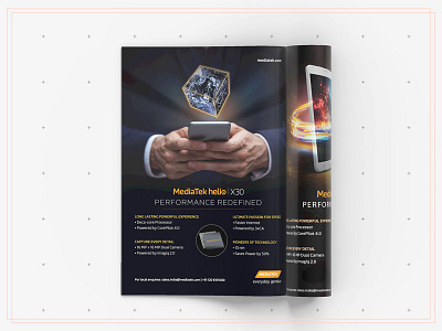 Mediatek Helio chipset ad black chipset magazine print tech technology texture yellow