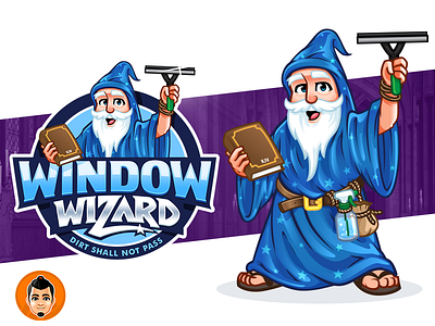 Window Wizard Logo and Mascot bible blue cleaning friendly kjv squeegee warlock window wizard