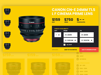 Camera Rental Quick View availability bold datepicker dates interactive modal web yellow