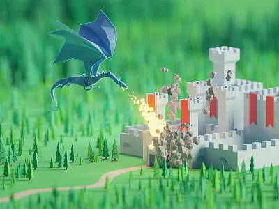 Low poly fantasy scene b3d blender castle dragon fantasy fire illustration isometric low poly render