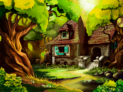 Fairy forest 2d art cartoon digital drawing environment fairy forest game house illustration painting