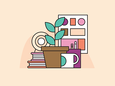 Skillshare Desk Items books coffee desk icon iconography illustration minimal plant poster skillshare speaker