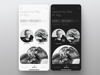 Photography Search App – Light & Dark Mode UI app app design black clean ui dark dark mode design interface light mobile app modern design photography search ui ux web white