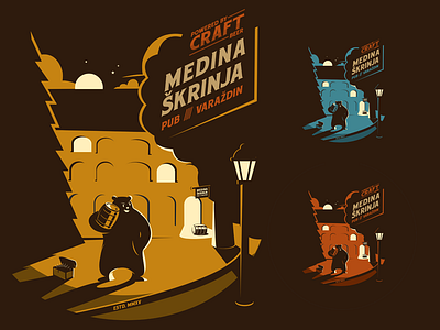Medina Skrinja // Bear's Chest Pub barrel bear beer chest lamp moon night park pub trees