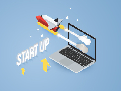 start up isometric laptop and rocket 3d. isometric cloud illustrator rocket start up vector