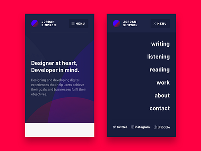 Personal Website - First Iteration - Mobile blog brand menu mobile navigation personal ui user interface website