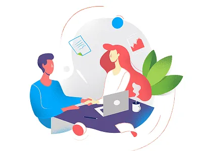 Interview boy girl graphic illustration interview job plants vector