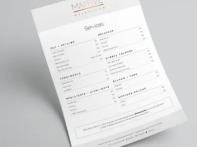 MAYFIVE Service list flyer adobe indesign branding flyer hair salon logo design london minimal price list scandinavian