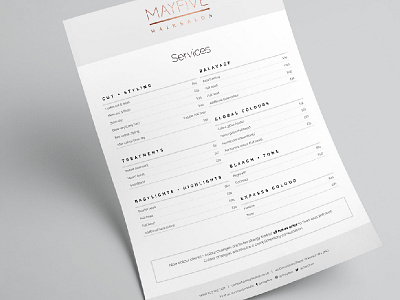 MAYFIVE Service list flyer adobe indesign branding flyer hair salon logo design london minimal price list scandinavian