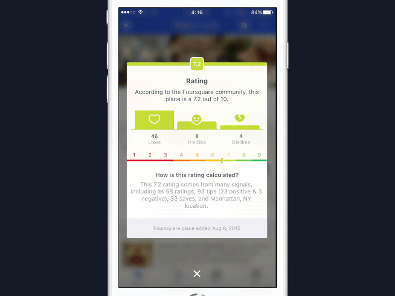 Foursquare - Place Rating Detail animation chart dislike foursquare ios like modal rating scale spectrum ui ux