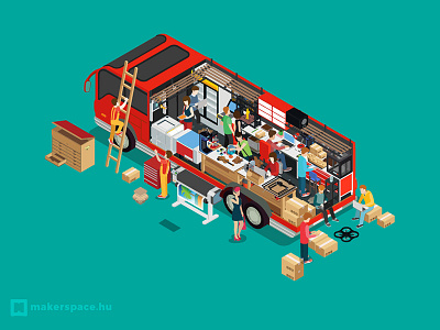 Maker Bus 2d bus illustration isometric make maker maker bus maker movement makerspace