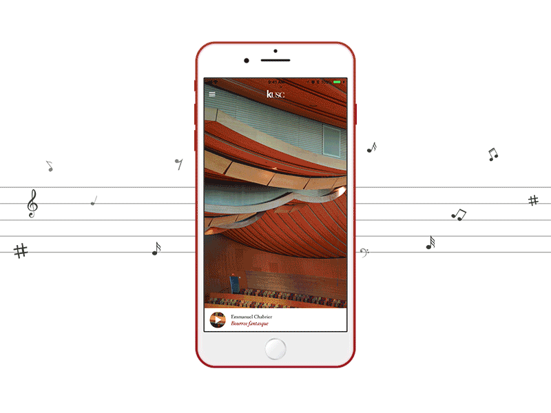 KUSC Classical Radio Streaming Application gif iphone 7 plus motion mozart music notes play record red retro vintage voice