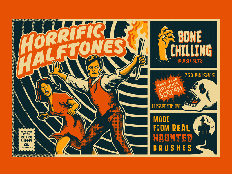 Retro Supply Co. - "Horrific Halftones" Brush Set growcase halftone brush set horrific halftones horror comic book vintage horror movie poster illustration retro supply co typography