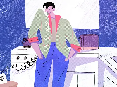 Old Habits character design illustration kitchen man phone