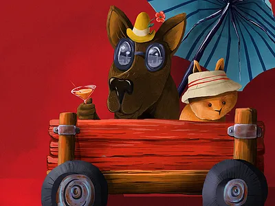 Beatrice & Marcelo acrylic art cat cocktail color digital paint dog hat hats illustration photoshop portrait raster red texture umbrella wagon