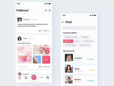 Social contact app colours find follower interface microblog mobile modern purple uiux