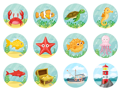 Marine icons animal boat crab creature fish icon lighthouse marine ocean sea turtle underwater