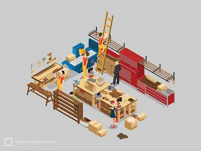 Isometric Makerspace Workshop carpenter isometric maker maker movement makerspace tools wood