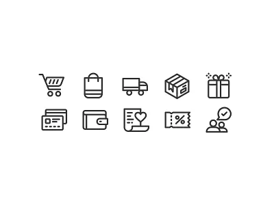 E-commerce icons bag card cart credit delivery gift package review shopping ticket wallet wishlist