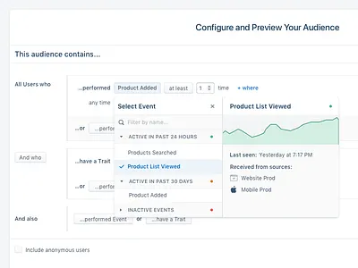 Event Categorization activity audience builder boolean categorization category dropdown graph sort ui