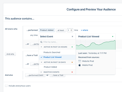 Event Categorization activity audience builder boolean categorization category dropdown graph sort ui