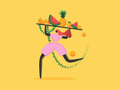 Juicy summer banana character fruits illustration like muzli pineapple summer texture watermelon yellow