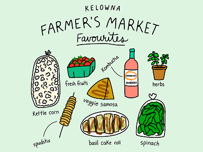 Farmer's Market favourites collection drawing farmers market food illustration kelowna kombucha popcorn samosa spinach strawberries surface book 2