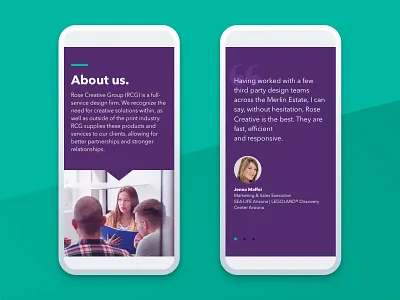 About and Testimonial about agency homepage mobile quote testimonial