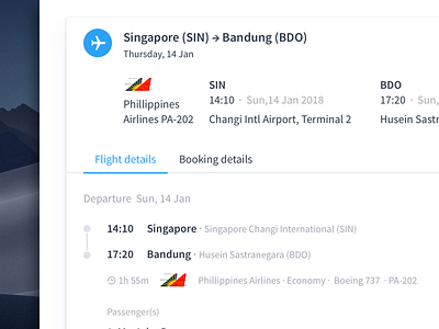 Booking Details airline booking card commerce dashboard flight list route tab time travel web