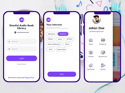 Audio Book App app audio book concept design interest side menu sign in ui ux