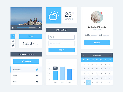 UI kit calendar comments data login time ui ui kit user ux video views weather