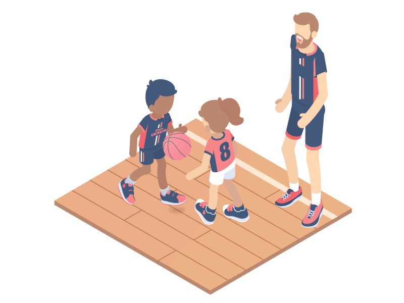 Overly enthusiastic new guy animation basketball children design dribbble fan flat illustration isometric motion people sport