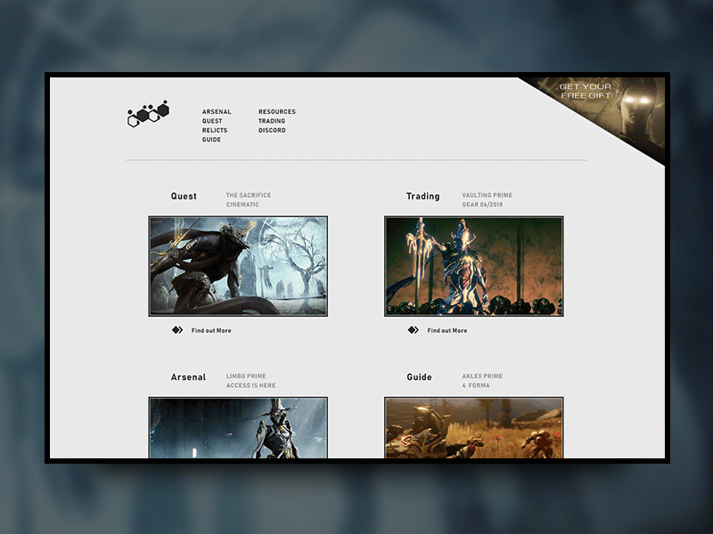 Minimal Blog Design companion app design digital extreams gaming grey grid m4terial minimal system warframe webdesign