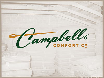 Campbell Comfort Co. — Logo Design 50s classic comfort gold green logo mattress missouri needle script