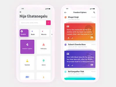 Nija Ghatanegalu app design bhagat singh cards freedom fighters gradient history ios iphonex legends quotes true uxui