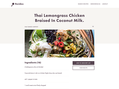 Recidex Recipe View cooking flat ingredient list minimalist recipe