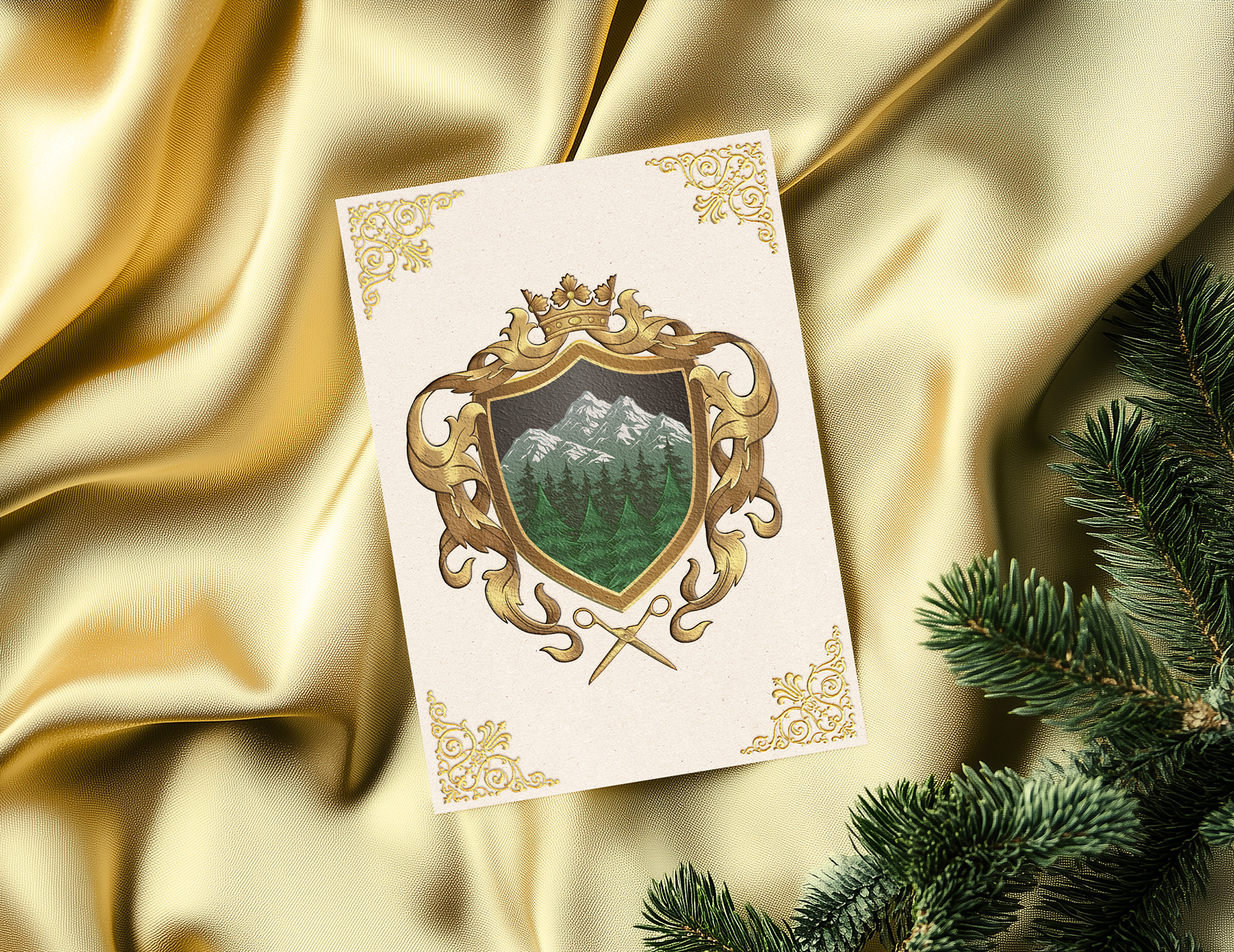 Custom Crest with Pine forest branding coat of arms crest emblem family crest graphic design heraldic logo heraldry logo luxury gold design regal shield