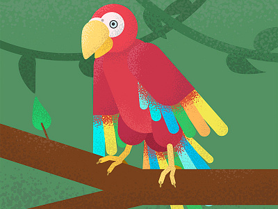 A large red parrot, against the backdrop of the jungle. bird eye head jungle leaflet parrot pen red tail tree wings