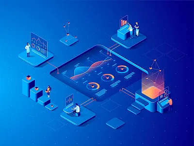 Isometric data analysis concept 3d characters collaboration data diagram dmit dudes illustration isometric people