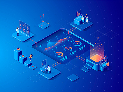 Isometric data analysis concept 3d characters collaboration data diagram dmit dudes illustration isometric people